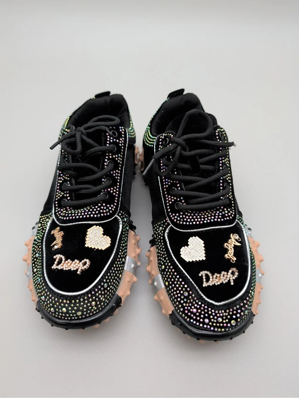 Black Embellished Fashion Sneakers with Chunky Studded Soles EU42 US10.5